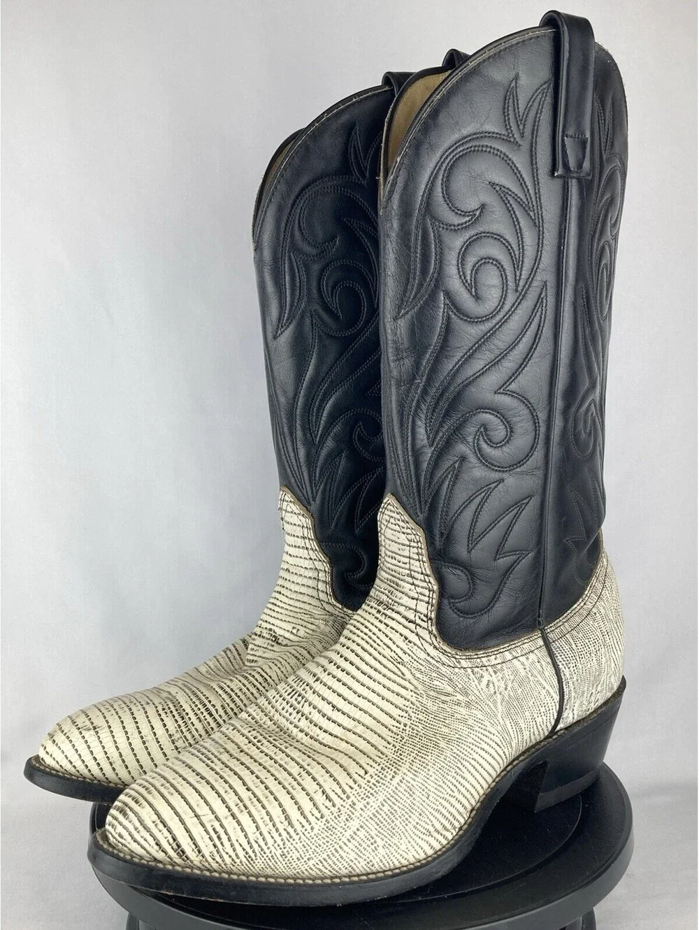 Mens 8.5 3E Extra Wide Vintage Lizard Print Cowboy Boots Black White Western USA